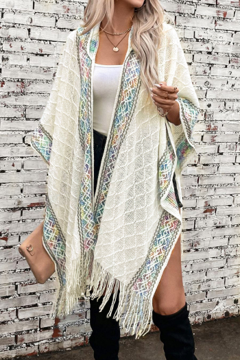 new stylish slight stretch contrast color lattice texture tassel hooded cardigan