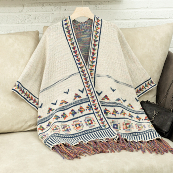 new casual slight stretch knit contrast color geometric tassel cardigan