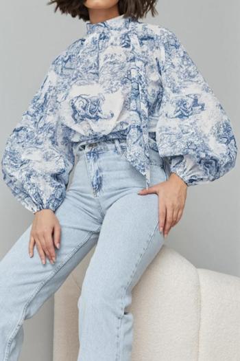new non-stretch polyester contrast batch printing lace-up bow balloon sleeve top