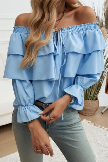 stylish non-stretch 3 colors off shoulder ruffle lace-up all-match blouse