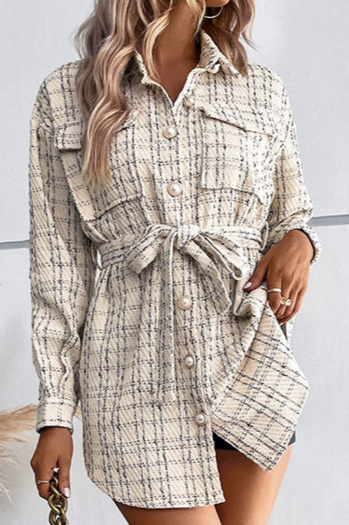 new stylish non-stretch polyester contrast color lattice long sleeve outerwear(with belt)