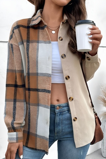 new casual non-stretch contrast color lattice patchwork long sleeve outerwear