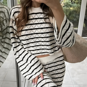 s-l casual high stretch contrast color stripe long sleeve sweater