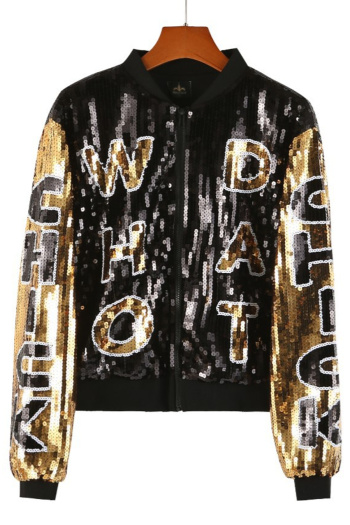 new stylish letter sequin decor zip-up non-stretch casual baseball jacket