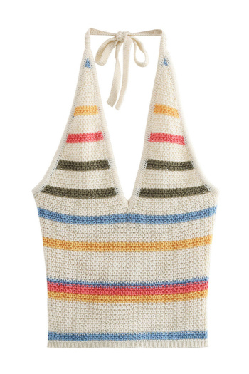 sexy slight stretch knit striped halter neck slim crop vest size run small