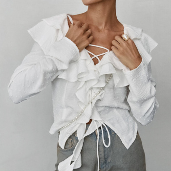 new non-stretch white crepe ruffle long sleeve lace-up blouse(no pearl chains)
