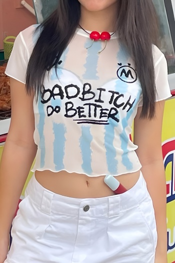 sexy slight stretch see through mesh letter printing crop top(no underwear)