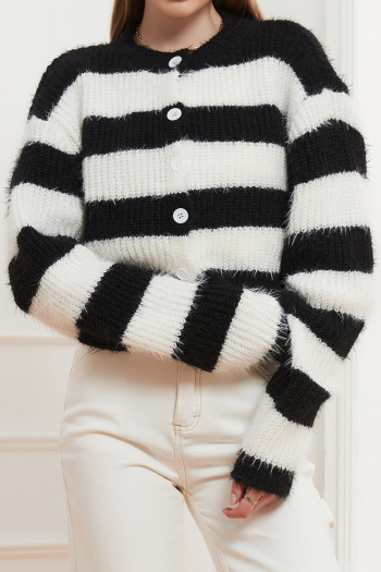 casual stylish slight stretch knit polyamide contrast color stripes cardigan