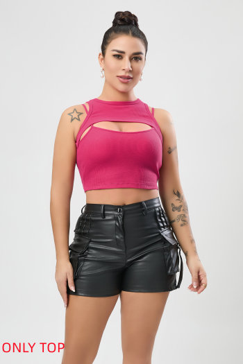 exquisite slight stretch solid color hollow crop vest(only top)