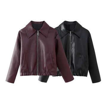 autumn new pure color non-stretch zip-up pu leather casual jacket
