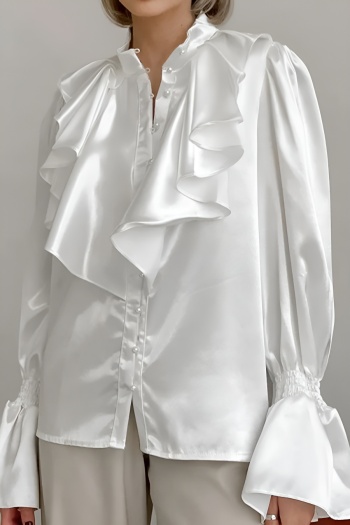 exquisite non-stretch satin bell-sleeve ruffle blouse