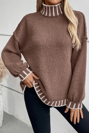 new slight stretch contrast color knit high-neck loose long sleeve sweater