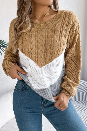 casual slight stretch 3-colors contrast color long sleeve knitted sweater