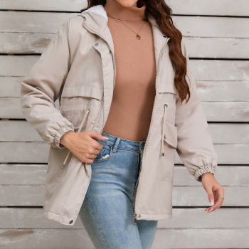 new stylish slight stretch patchwork plush long sleeve warm hooded jacket