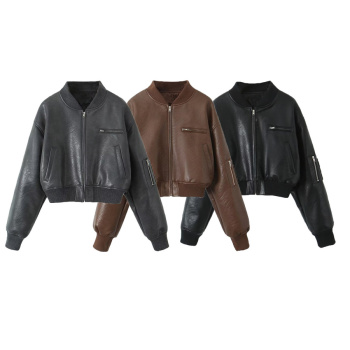 casual non-stretch 3 colors crew neck pu zip-up jacket