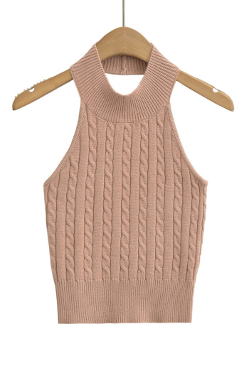 sexy slight stretch ribbed knit halter-neck solid color tank top(size run small)