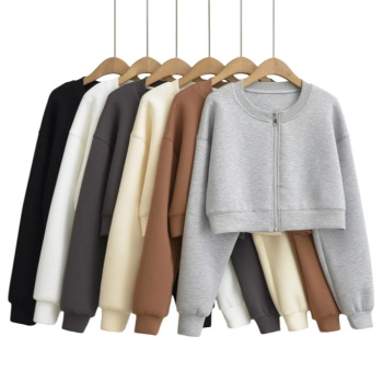 casual slight stretch solid color crew neck zip-up jacket(size run small)