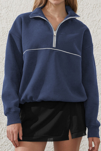 casual stretch contrasting zipper long sleeve drawstring sweatshirt