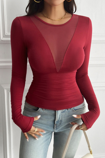 solid color stitching mesh stretch stylish autumn casual slim top