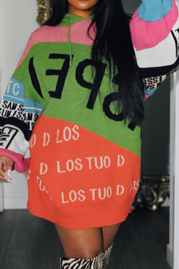 casual slight stretch contrast color letter loose knitted hooded sweater