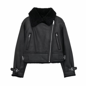 casual non-stretch pu zip-up plush warm jacket