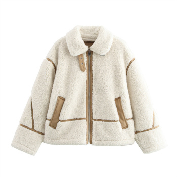 casual non-stretch teddy fleece zip-up contrast color jacket