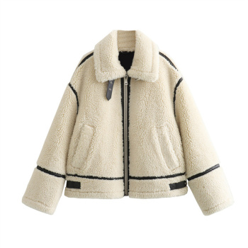 casual non-stretch teddy fleece zip-up lapel jacket