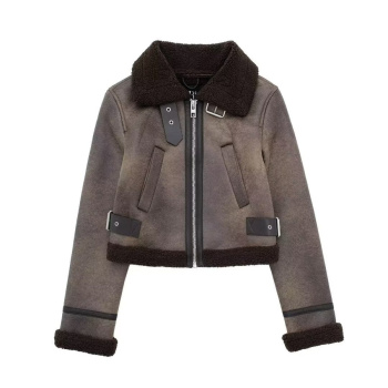 casual non-stretch teddy fleece stitching pu zip-up jacket