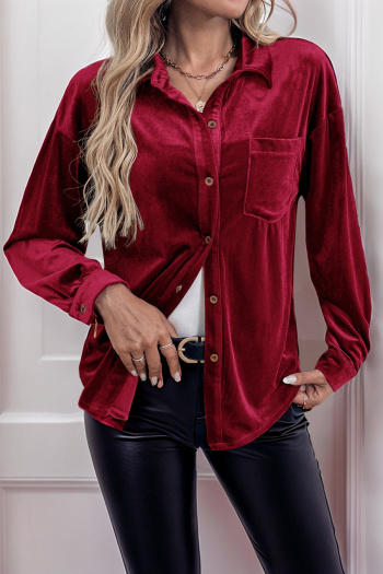 stylish slight stretch velvet 3 colors single-breasted pocket all-match blouse