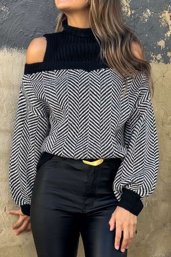 stylish slight stretch stripe knitted hollow shoulder all-match sweater