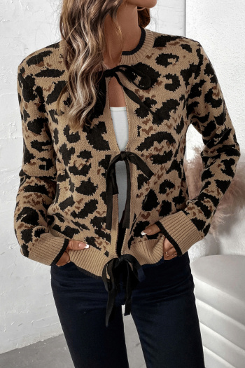 stylish slight stretch leopard jacquard lace-up all-match sweater
