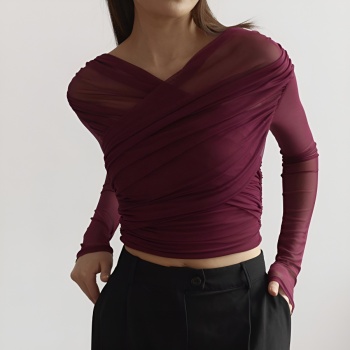 exquisite slight stretch see through mesh stitching v-neck ruched slim top