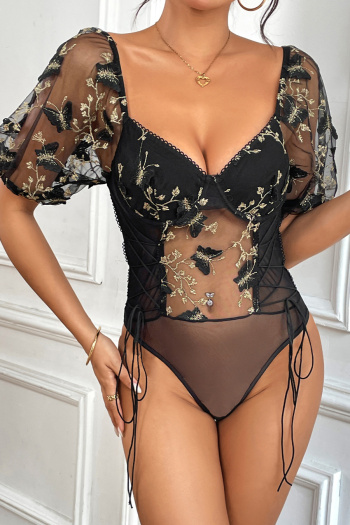 sexy slight stretch see through mesh embroidered v-neck backless bodysuit