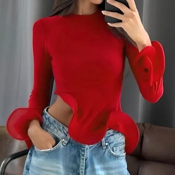 stylish slight stretch pure color ruffle bell-sleeve all-match slim top