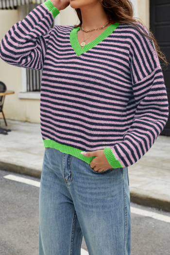 Casual plus size slight stretch stripe knitted v-neck all-match sweater#4#