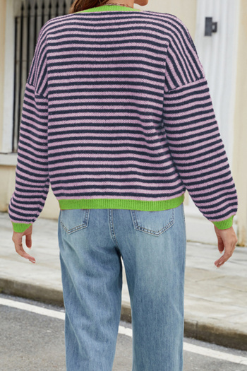 Casual plus size slight stretch stripe knitted v-neck all-match sweater#4#