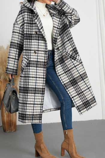 casual plus-size no-stretch contrast wool-like fabric double-breast hooded coats