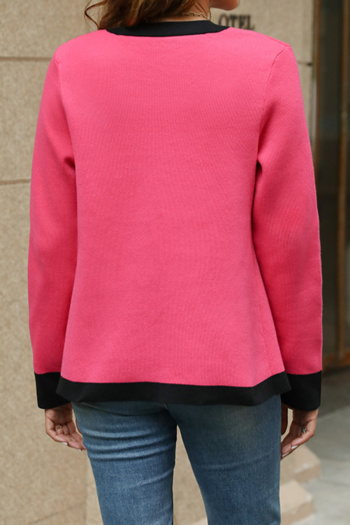 Stylish slight stretch color-block knitted v-neck all-match sweater