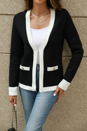 Stylish slight stretch color-block knitted v-neck all-match sweater