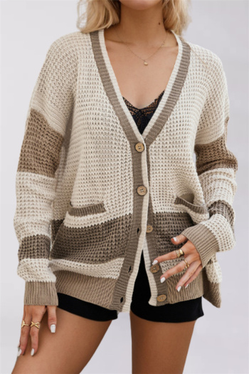 autumn contrast color slight stretch loose single breasted casual knit wear