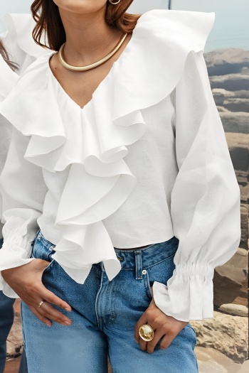 chic non-stretch pure cotton v-neck ruffle long sleeve blouse