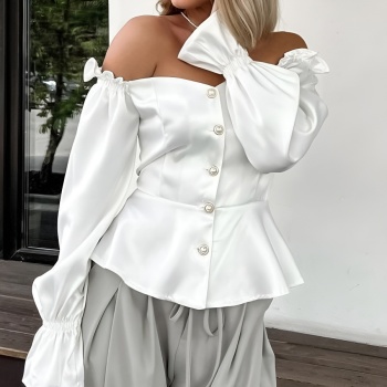 chic non-stretch satin off shoulder single-breasted blouse