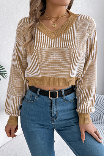 casual stretch v-neck long sleeve ribbed cropped knit sweater