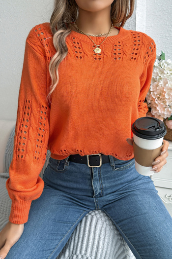 autumn casual stretch solid crew neck hollow long balloon sleeve knit sweater