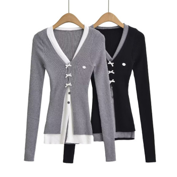 stylish high stretch bow decor fake two piece slim knit sweater size run small