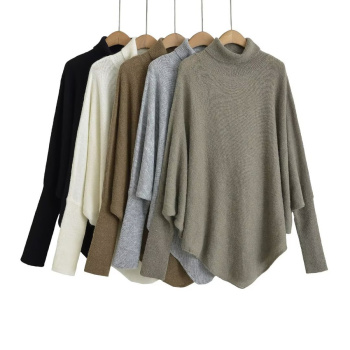 stylish slight stretch solid color high collar loose knitted sweater