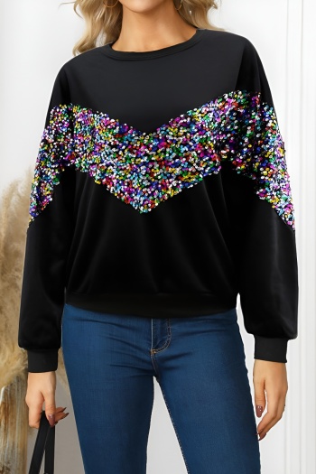 stylish plus size slight stretch sequin decor long sleeve all-match sweatshirt