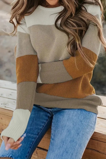 casual plus size slight stretch color-block knitted loose all-match sweater#4#