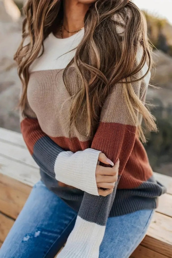 casual plus size slight stretch color-block knitted loose all-match sweater#5#