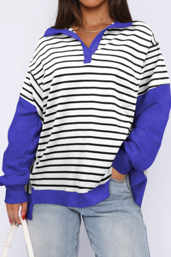 casual stretch lapel contrasting stripe batch printing loose long sleeve t-shirt